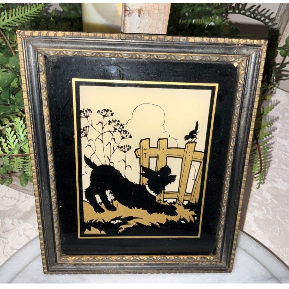 Vintage Reverse Painted Glass Silhouette art piece Reliance Product 1943 Scottie